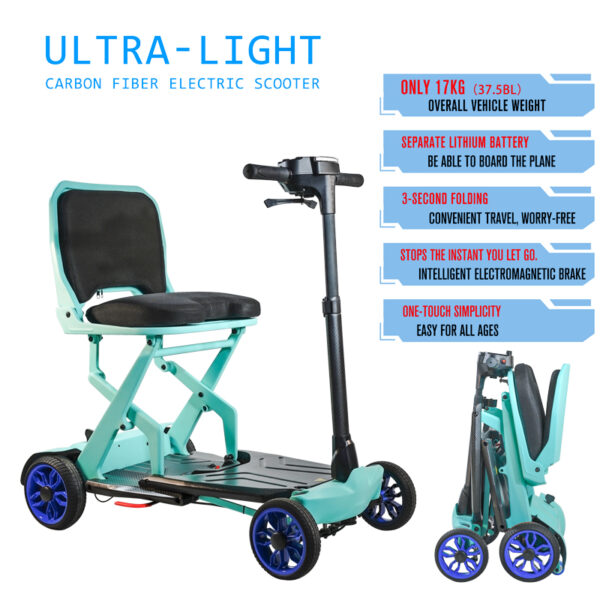 EXC-1008 Carbon Fiber Frame Portable Electric Mobility Scooter for Elderly or Disabled Adults Lightweight with One-Button Fold
