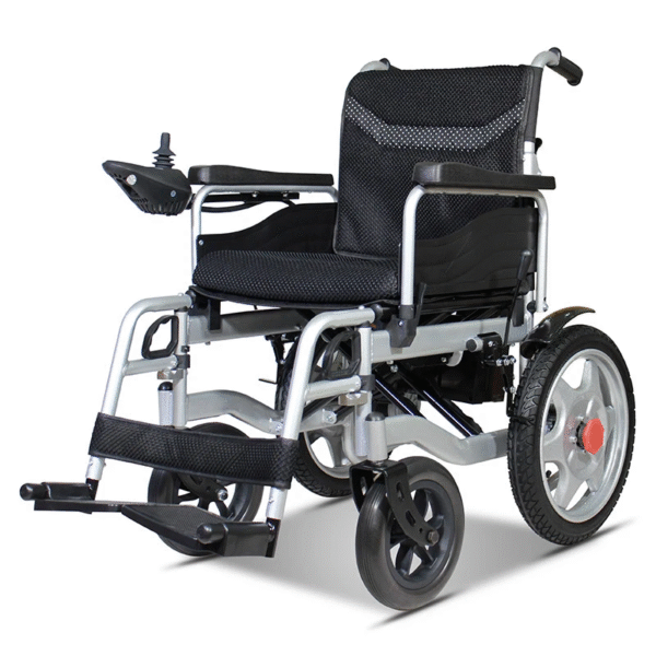 Foldable electric wheelchair with reinforced frame, 360° controller, and safety features for seniors
