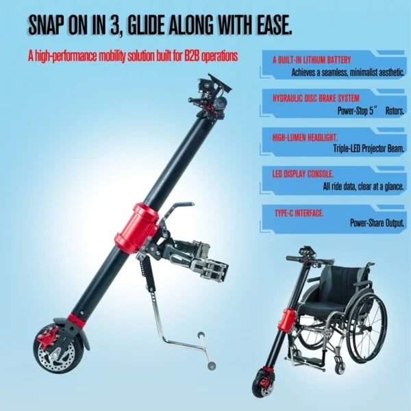Built-in lithium battery and 350W motor of EXC-2004 mini wheelchair power assist head