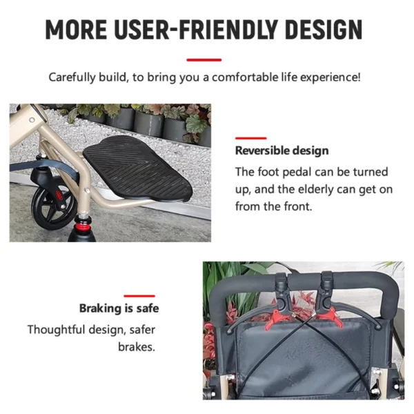 User-friendly features of portable wheelchair: reversible foot pedals, safety brakes, seat belt