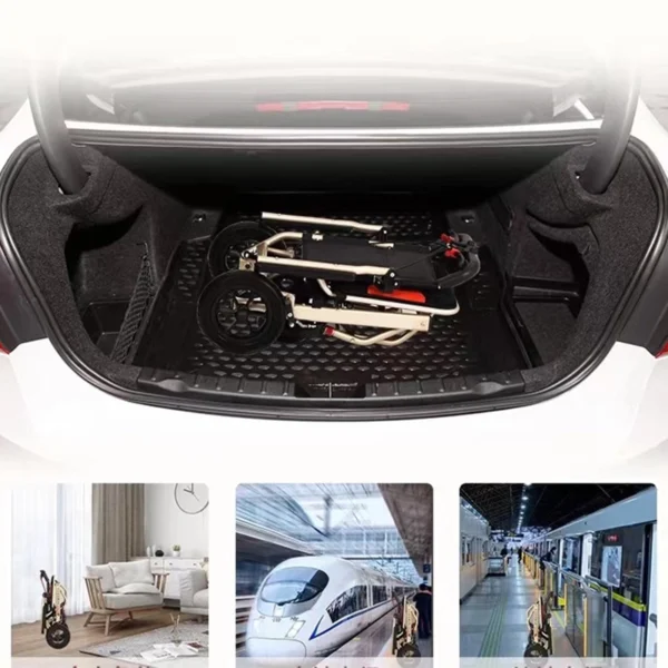 Foldable portable wheelchair stored in car trunk for travel