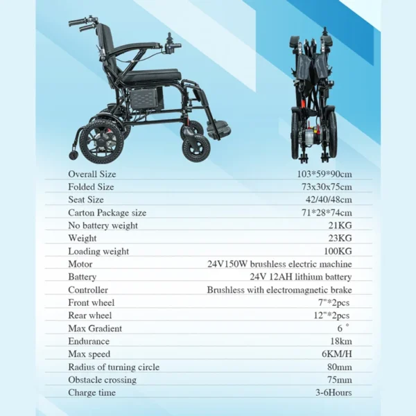 EXC-2020 electric wheelchair specifications 18km range 23kg weight