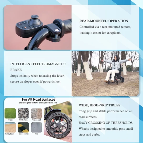 Features of EXC-2020 electric wheelchair: caregiver control, electromagnetic brake, multi-terrain tires