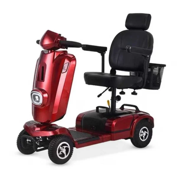 Red EXC-1002 4-wheeled mobility scooter with black seat and rear basket for elderly use
