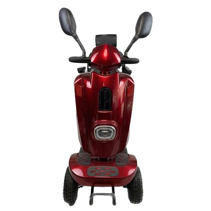 EXC-1002 scooter safety features: anti-crash bar, anti-tip wheels, and round handle controls