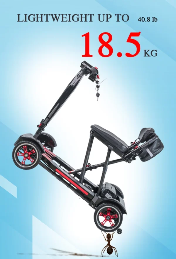 Folded black carbon fiber mobility scooter compared with ant to show ultra-light 18.5KG weight