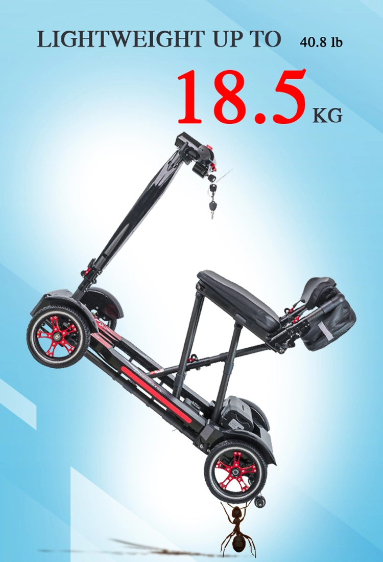 Folded black carbon fiber mobility scooter compared with ant to show ultra-light 18.5KG weight