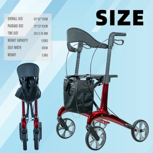 Full specification dimension of EXC-6016 Pro carbon fiber rollator walker