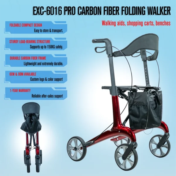 Multi-function details of foldable carbon fiber rollator:fold,seat,brake,storage bag