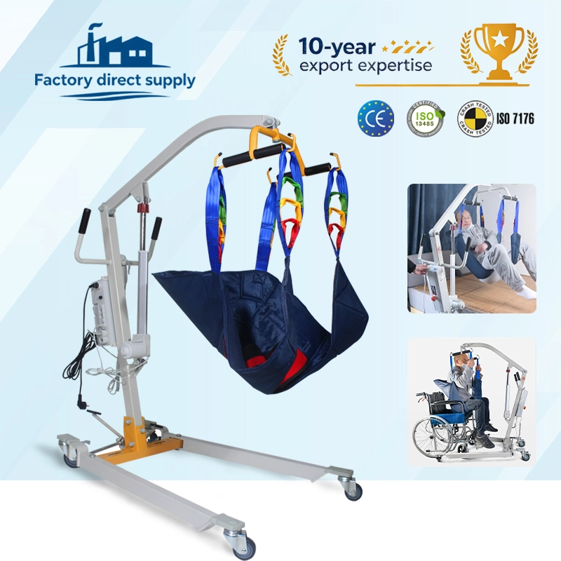 White electric patient lift hoist with navy safety sling for disabled transfer